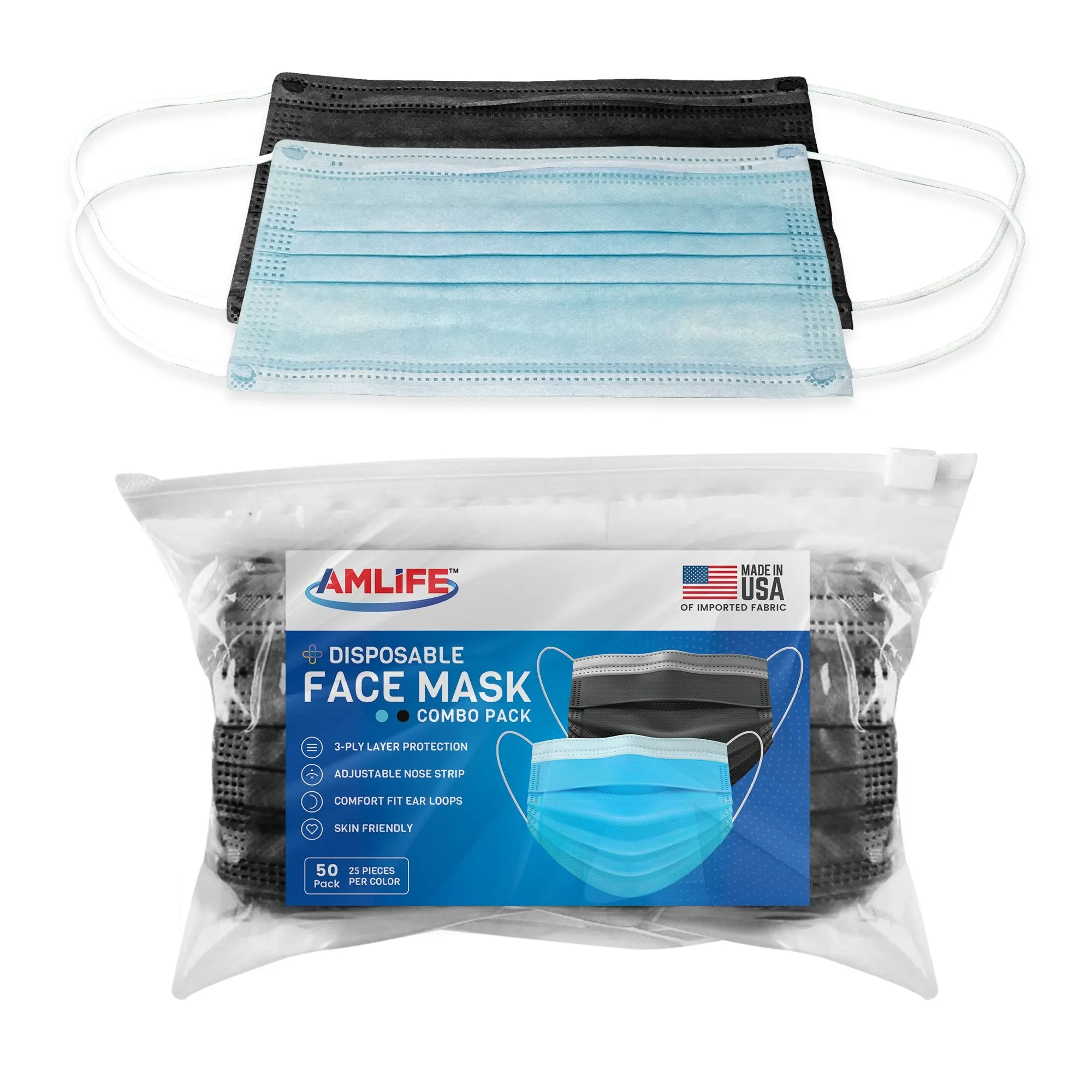 AMLIFE 50 Pack Face Masks Blue-Black Combo 3-Ply Filter - Made in USA with Imported Fabric