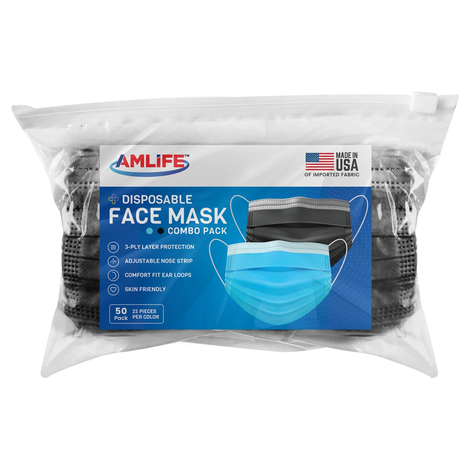 AMLIFE 50 Pack Face Masks Blue-Black Combo 3-Ply Filter - Made in USA with Imported Fabric