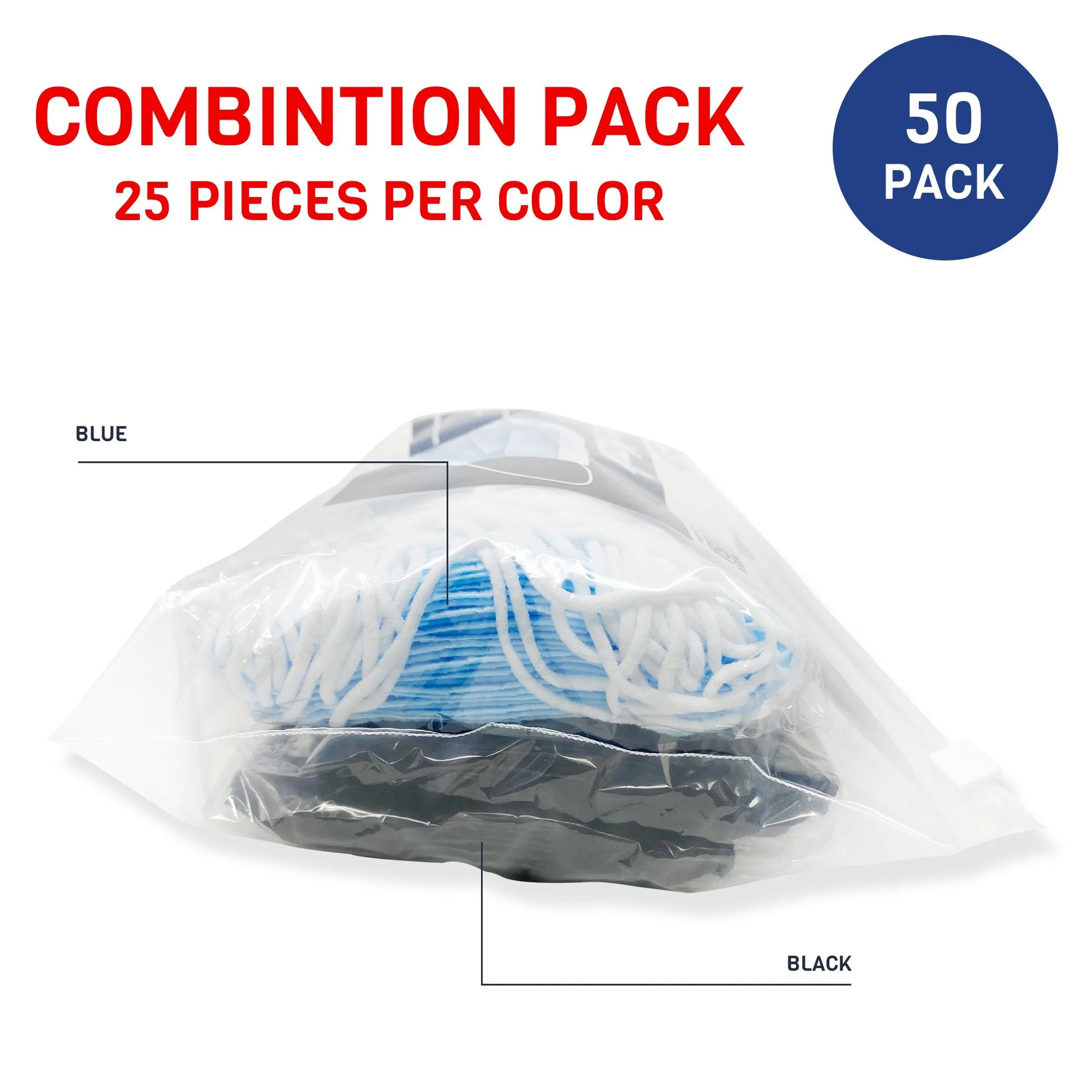 AMLIFE 50 Pack Face Masks Blue-Black Combo 3-Ply Filter - Made in USA with Imported Fabric