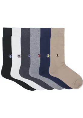 Balenzia Men's Motif Cotton Crew Socks- (Pack of 6 Pairs/1U) (Black,Beige,Navy,D.Grey,L.Grey,White)