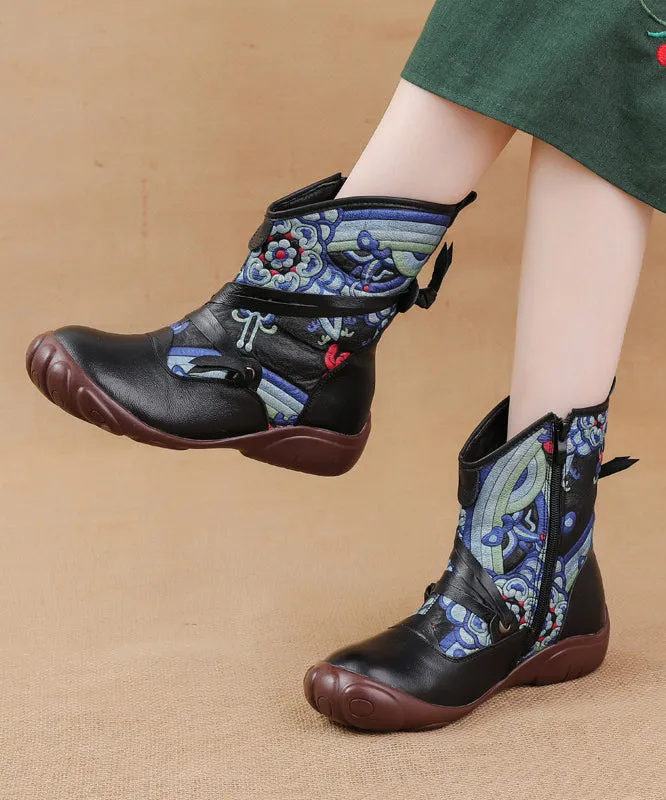 Comfortable Splicing Boots Black Retro Print Cowhide Leather ML1703