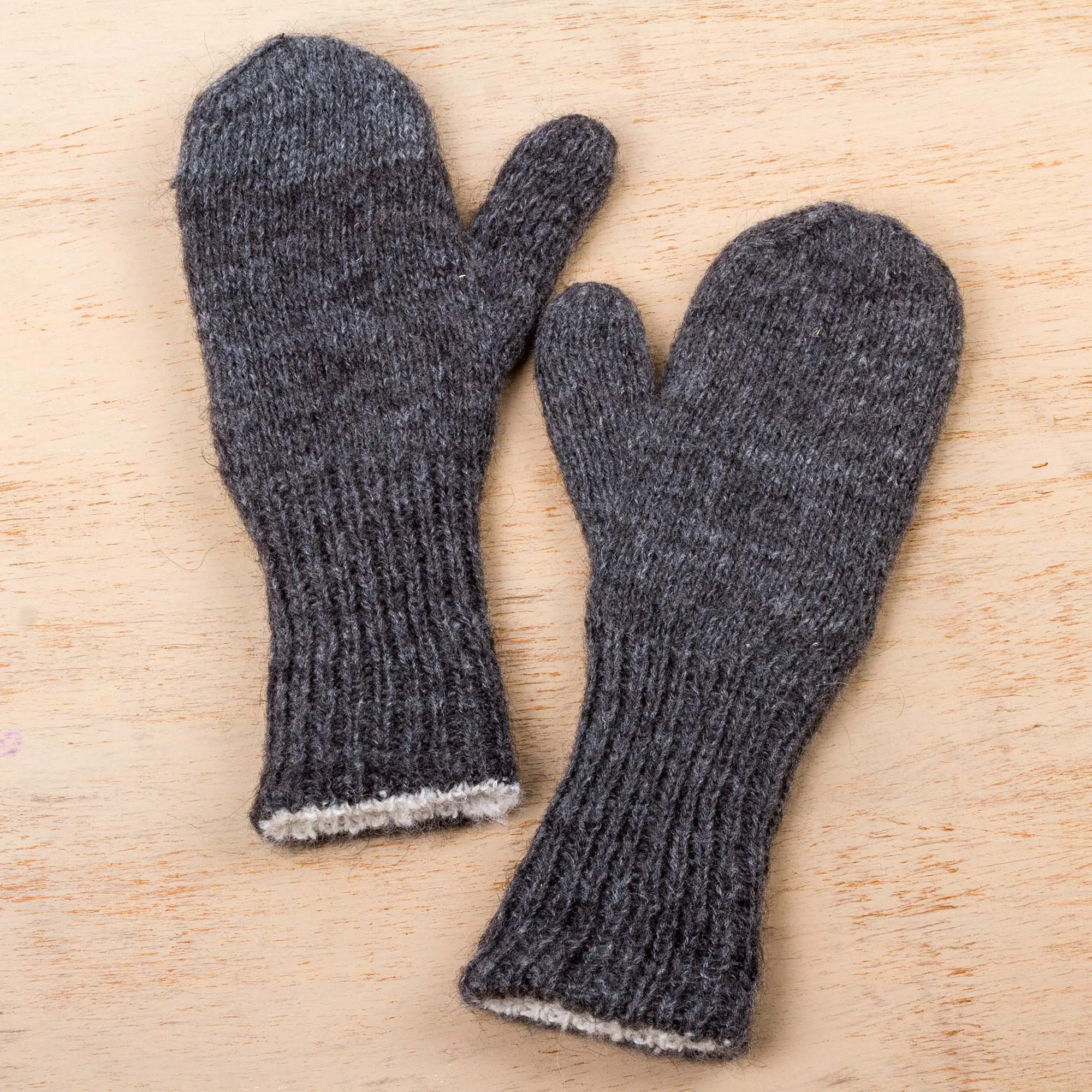 Hand Crafted Grey and White 100% Alpaca Reversible Mittens - Grey Skies | NOVICA