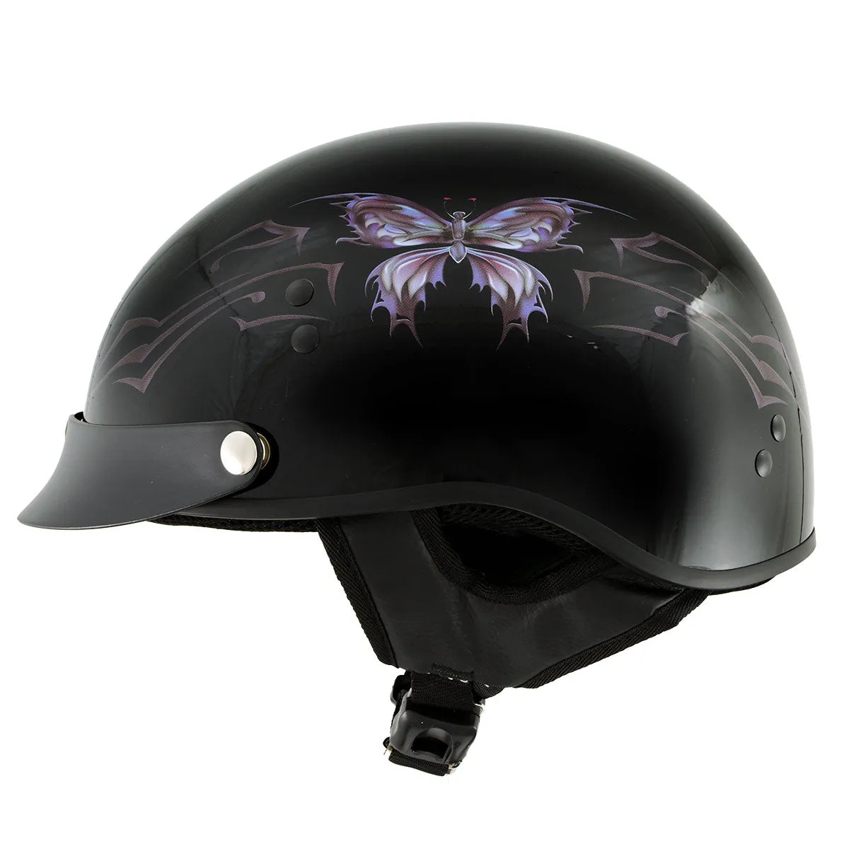 Hot Leathers HLT70 'Purple Butterfly' Glosy Black Advanced DOT Motorcycle Half Face Biker Helmet