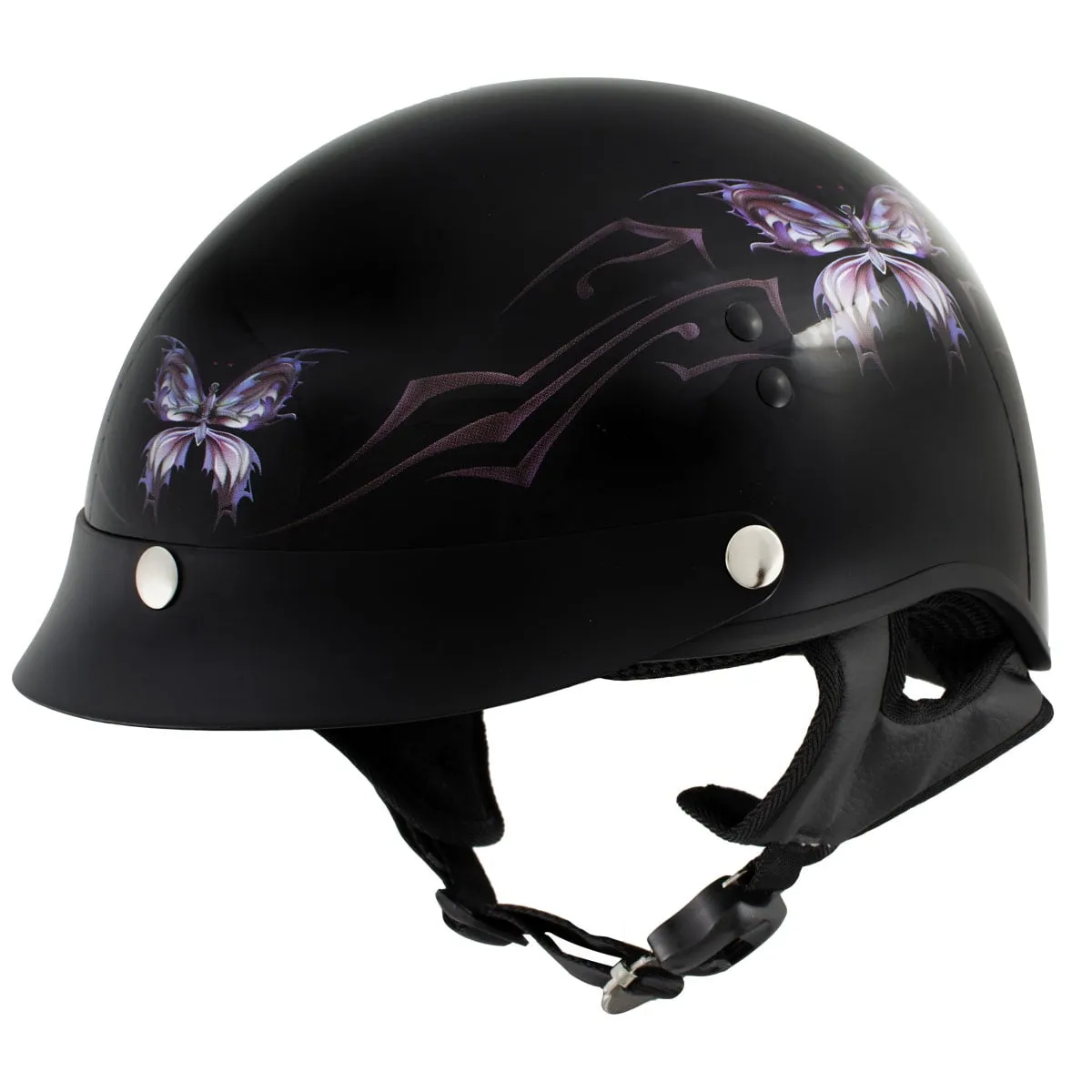 Hot Leathers HLT70 'Purple Butterfly' Glosy Black Advanced DOT Motorcycle Half Face Biker Helmet