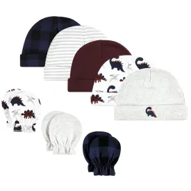 Hudson Baby Cotton Cap and Scratch Mitten Set, Burgundy Dino