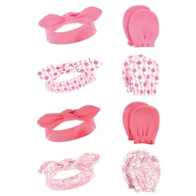 Hudson Baby Cotton Headband and Scratch Mitten Set, Flamingo