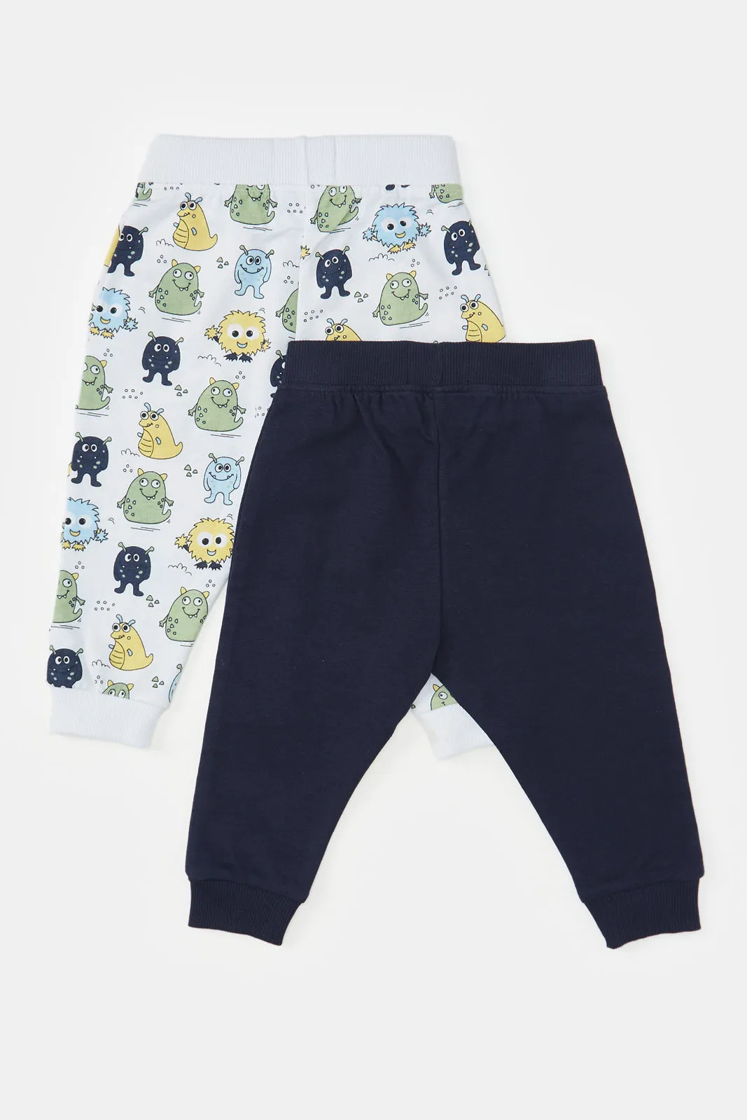 Infant Boys Navy And White Monster Printed Track Pants (2 Piece)