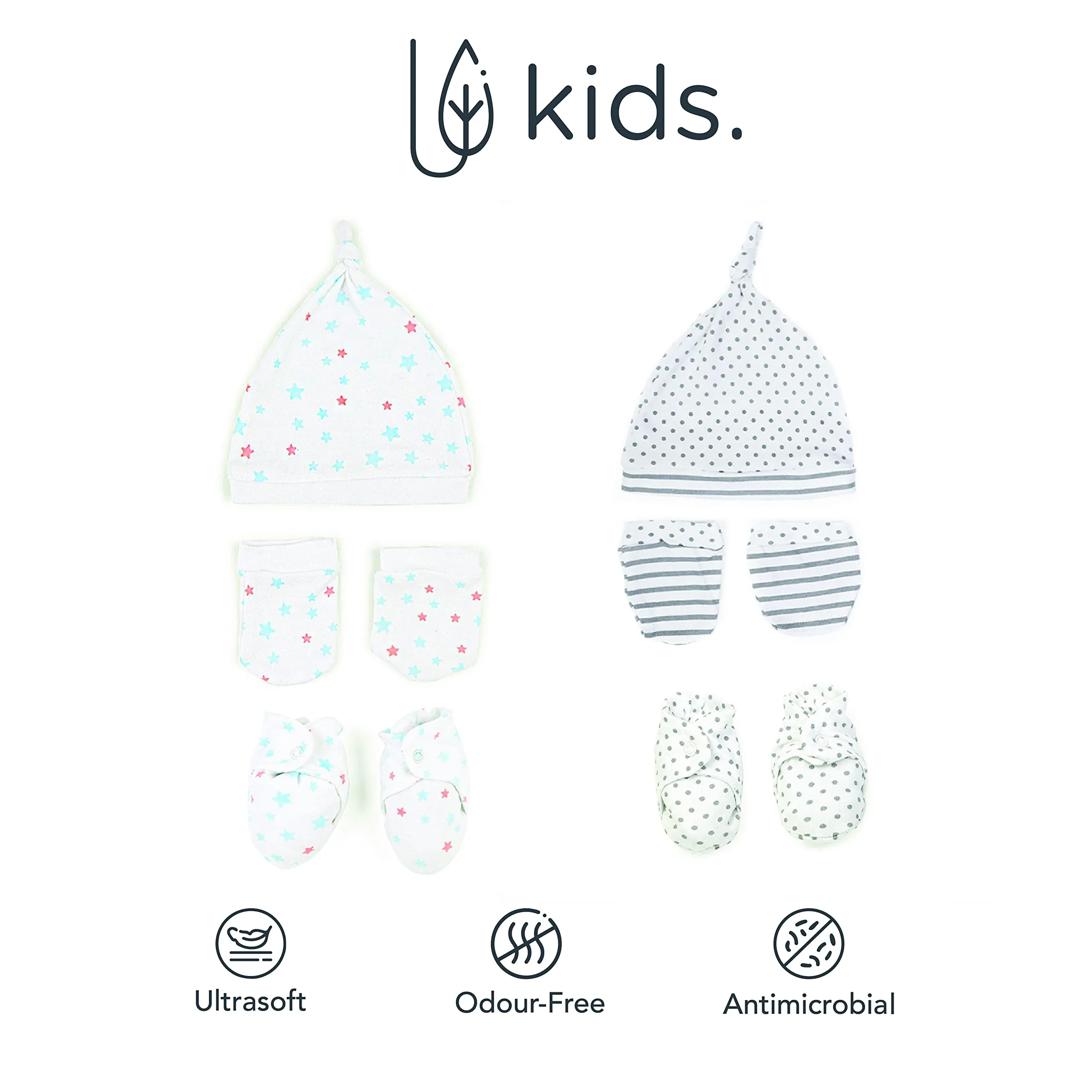 Mush Ultra Soft Bamboo Unisex Mittens, Socks & Caps Combo Set for New Born Baby/Kids (Pack of 6, (6-12 Months, Stary Night & Daylight)