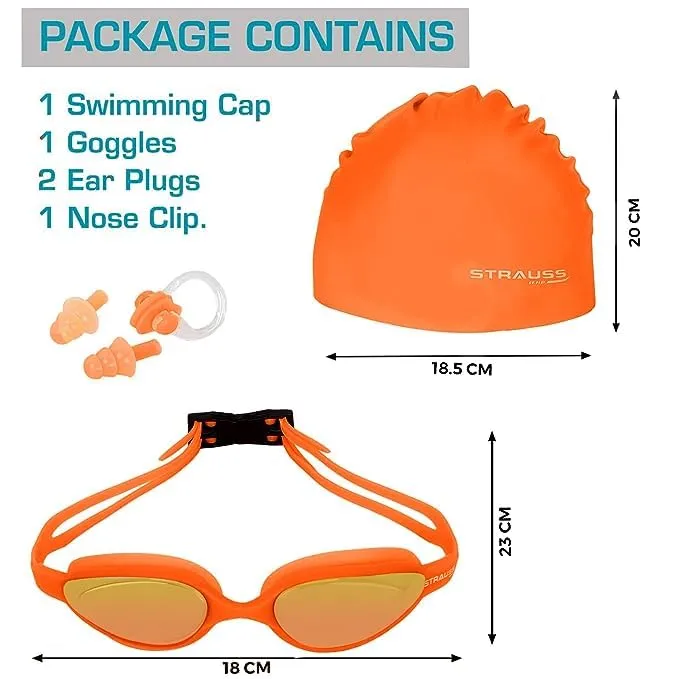 STRAUSS Swimming Goggles Set with UV and Anti Fog Protection | Swimming Kit of Goggles,Cap,Earplug & Nose Plug Set - Ideal for All Age Group | Pack of 24