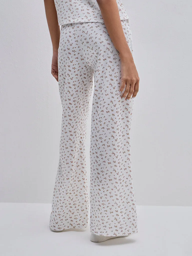 Superstar White Print Wide-Leg High-Rise Cotton Blend Pants