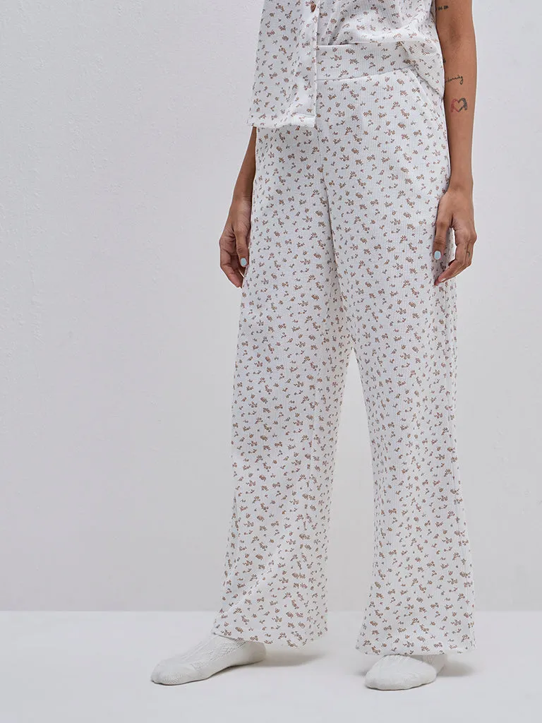 Superstar White Print Wide-Leg High-Rise Cotton Blend Pants