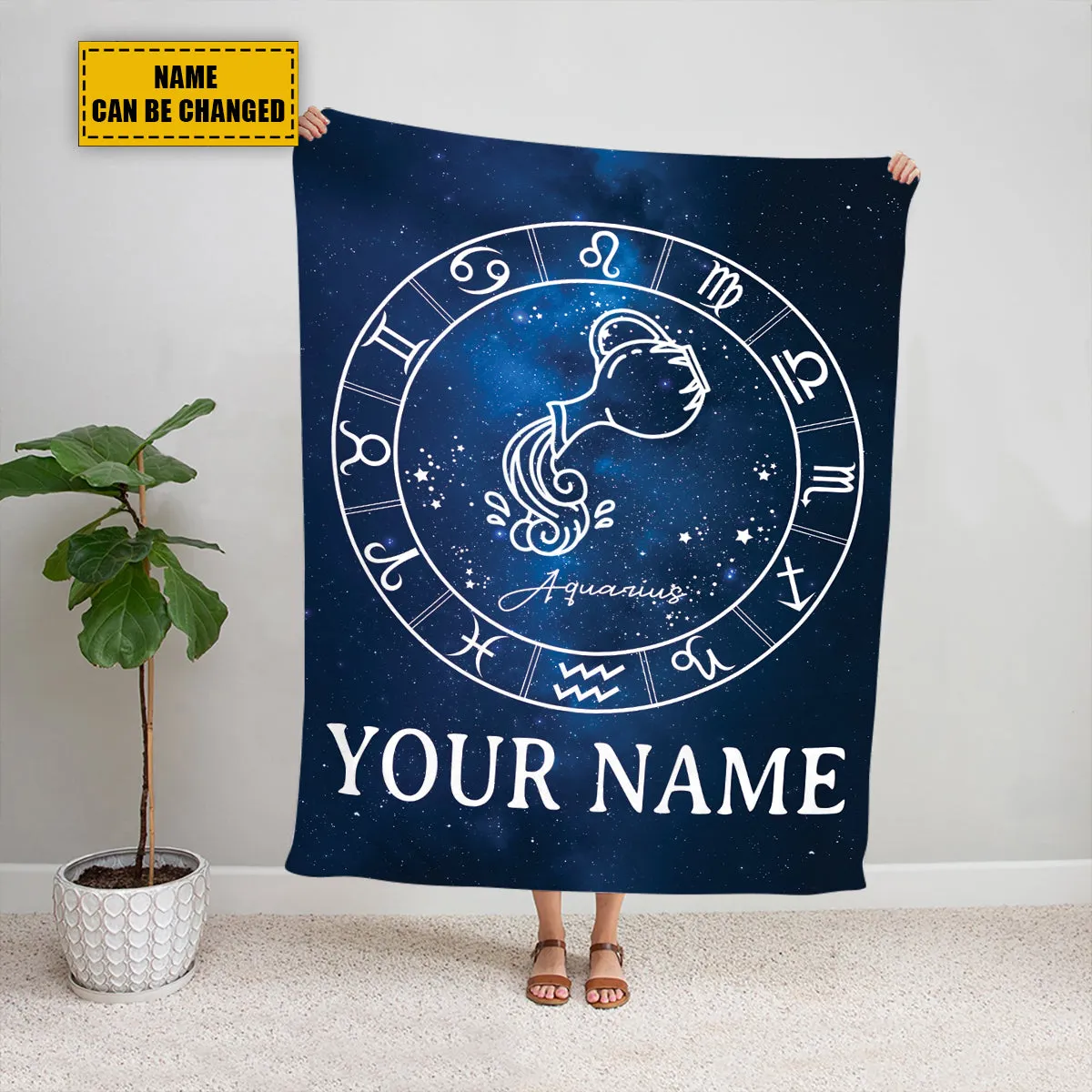 Teesdily | Aquarius Personalized Fleece Blanket With Name Horoscope Design Sherpa Blanket Zodiac Sign Constellation Astrology Adult Kid Birthday Gifts