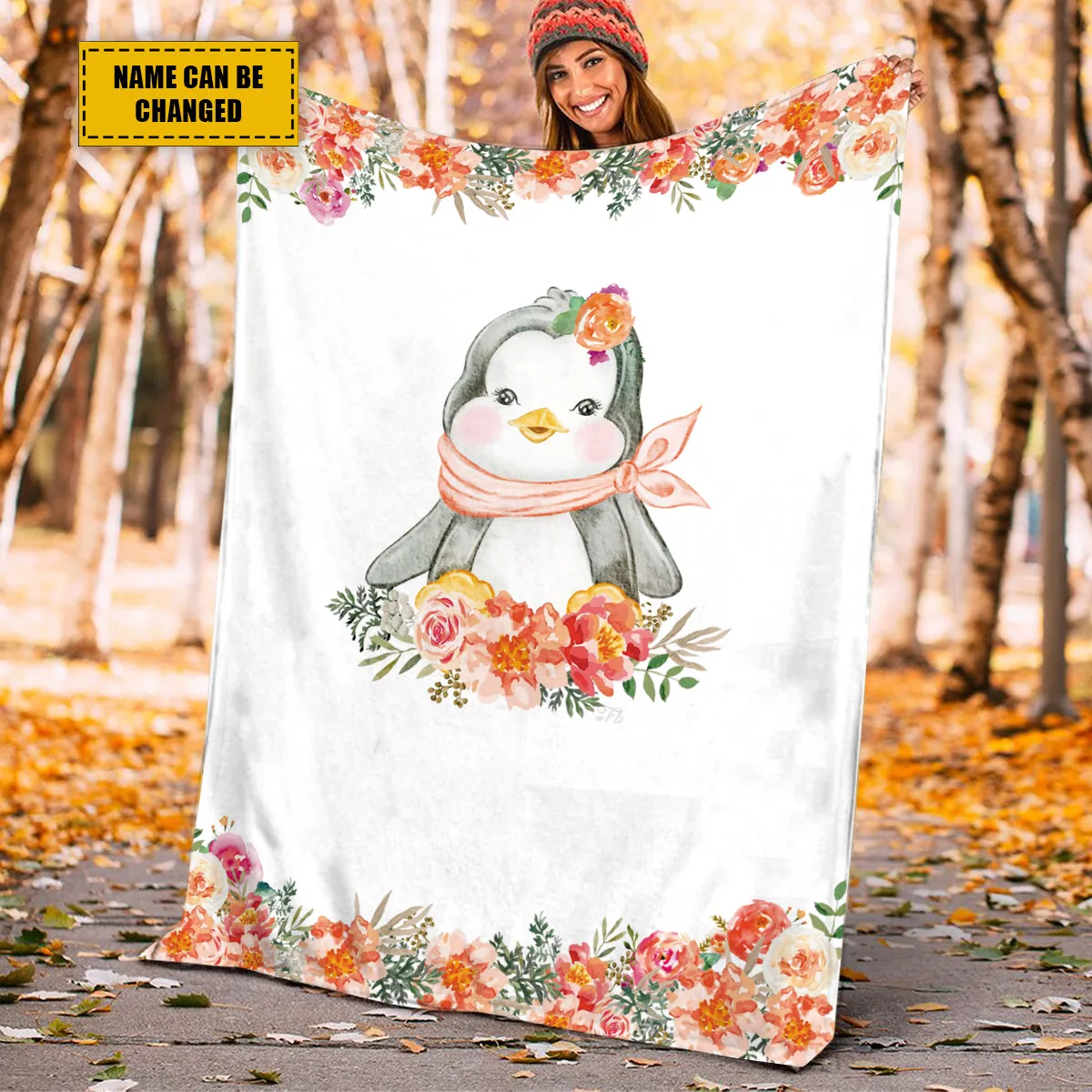 Teesdily | Customized Cute Penguin Floral Baby Blankets Chibi Animals Fleece Throw Blanket Baby Girl Kids Adult Bedding For Gifts Travel Christmas