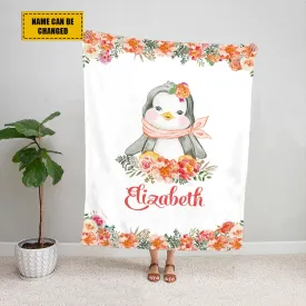 Teesdily | Customized Cute Penguin Floral Baby Blankets Chibi Animals Fleece Throw Blanket Baby Girl Kids Adult Bedding For Gifts Travel Christmas