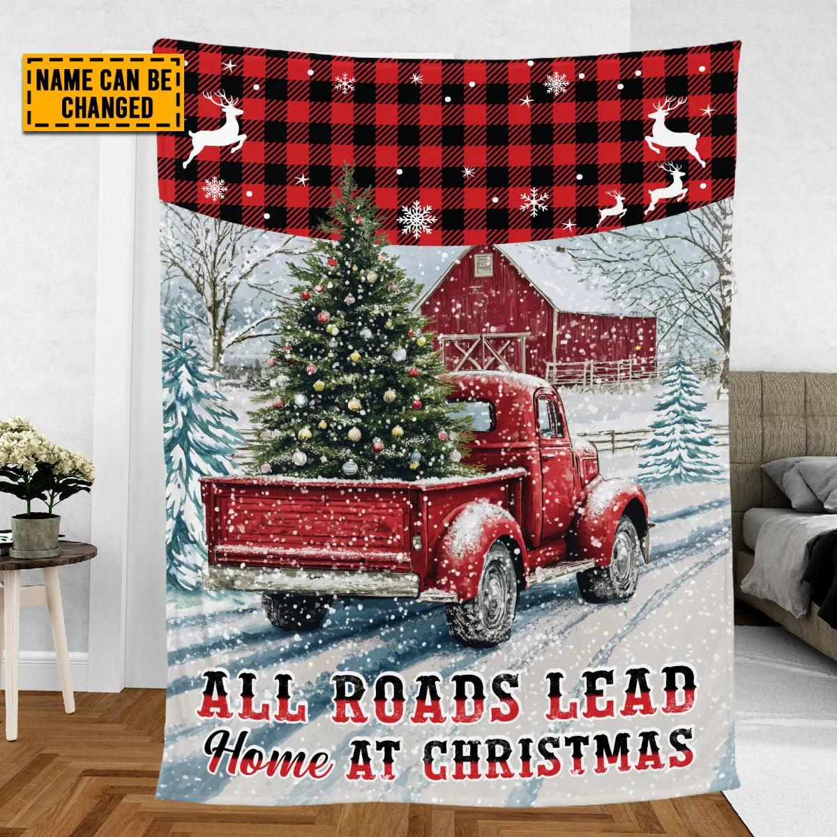 Teesdily | Customized Red Truck Christmas Blanket, All Roads Lead Home At Christmas Throw Blanket, Merry Christmas Gift Family