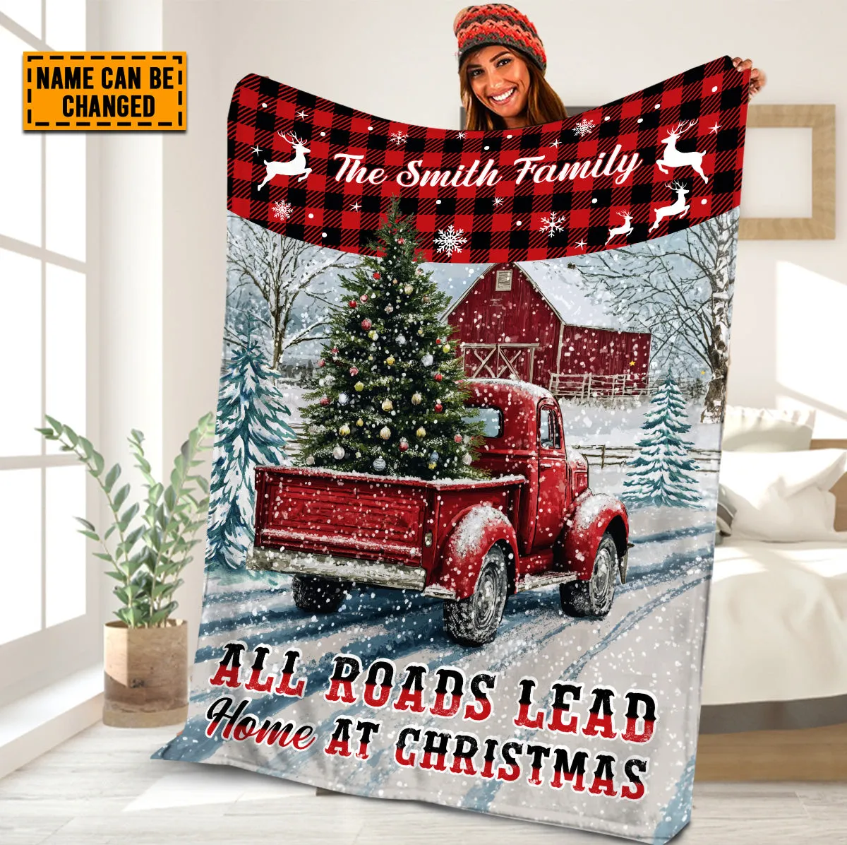 Teesdily | Customized Red Truck Christmas Blanket, All Roads Lead Home At Christmas Throw Blanket, Merry Christmas Gift Family