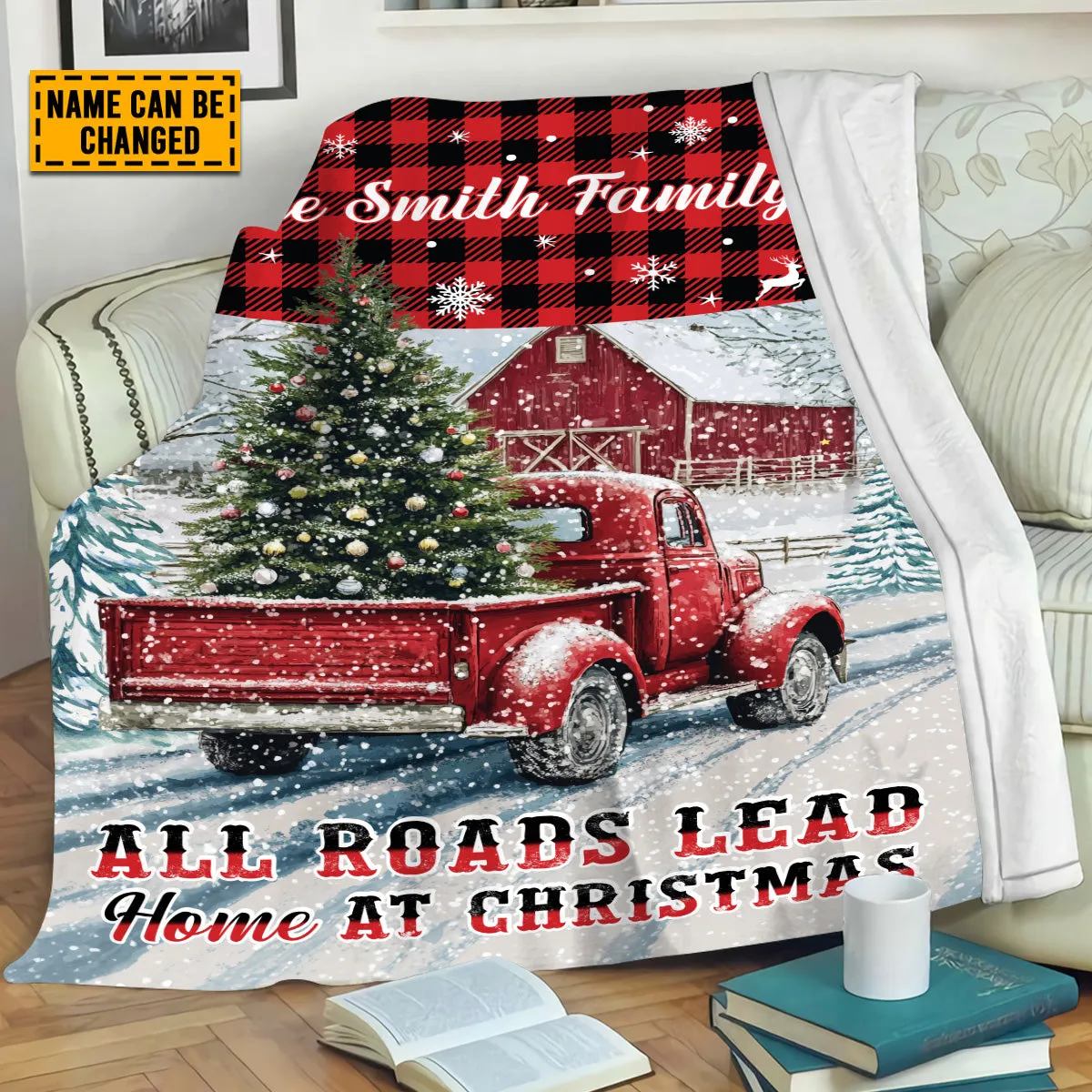 Teesdily | Customized Red Truck Christmas Blanket, All Roads Lead Home At Christmas Throw Blanket, Merry Christmas Gift Family