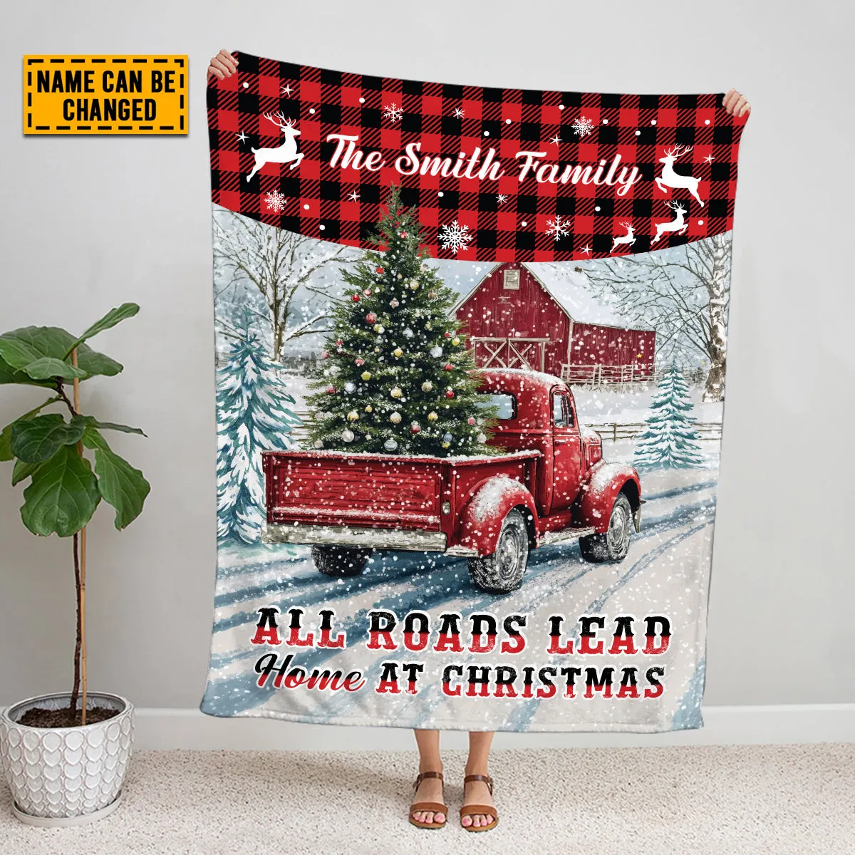 Teesdily | Customized Red Truck Christmas Blanket, All Roads Lead Home At Christmas Throw Blanket, Merry Christmas Gift Family