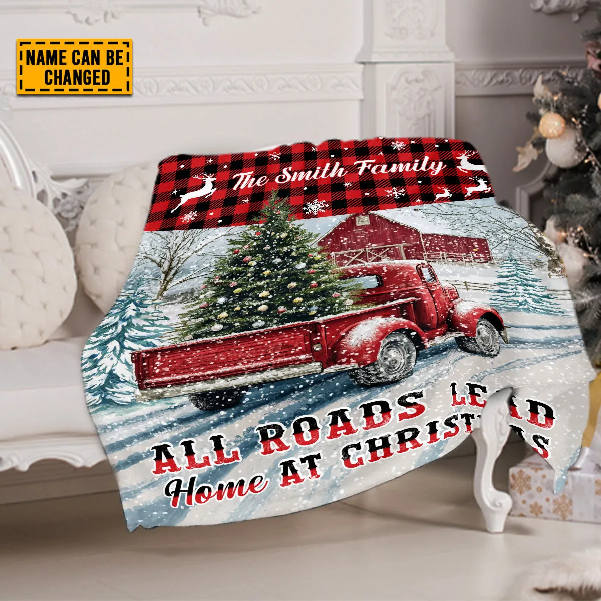 Teesdily | Customized Red Truck Christmas Blanket, All Roads Lead Home At Christmas Throw Blanket, Merry Christmas Gift Family