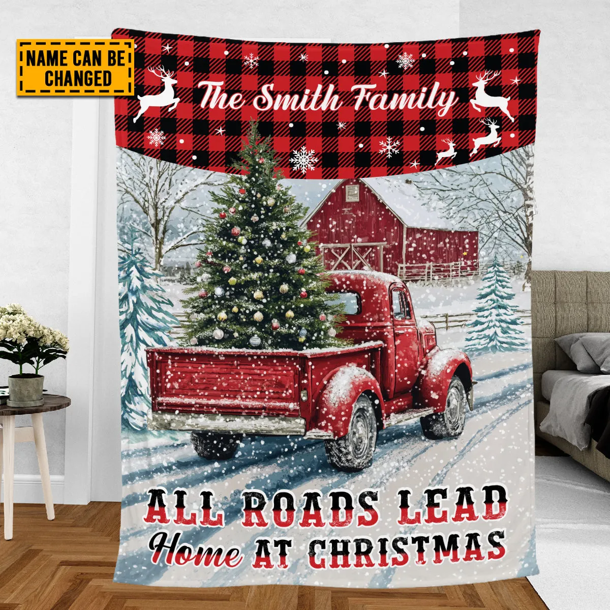 Teesdily | Customized Red Truck Christmas Blanket, All Roads Lead Home At Christmas Throw Blanket, Merry Christmas Gift Family