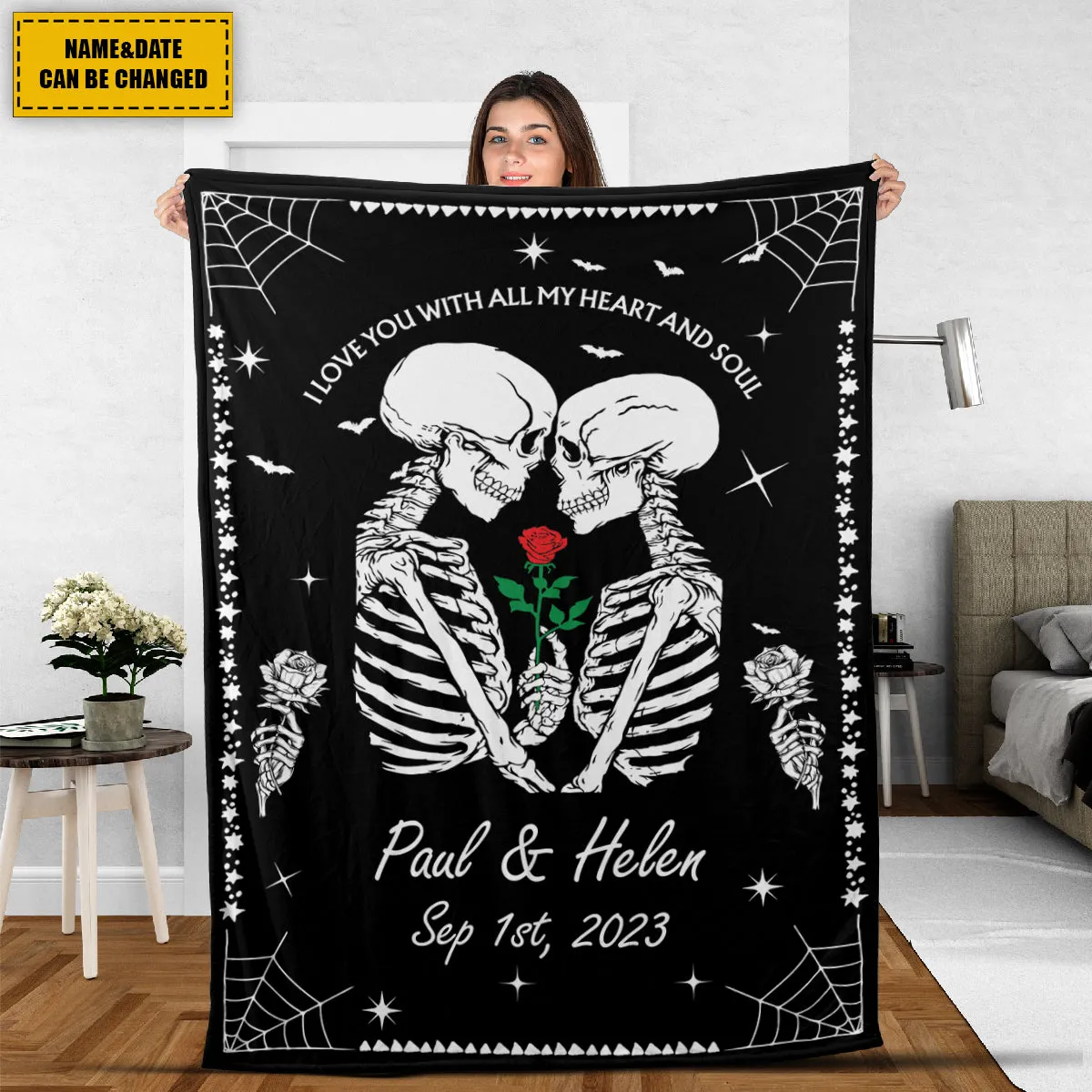 Teesdily | Customized Skull Fleece Throw Blanket For Kids Teens Couple Skeleton Bed Blanket Gothic Fleece Throw Blanket Halloween Theme Goth Gifts