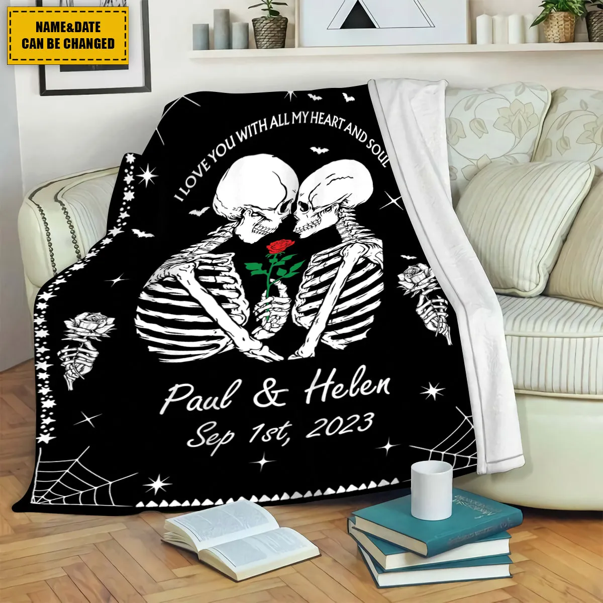 Teesdily | Customized Skull Fleece Throw Blanket For Kids Teens Couple Skeleton Bed Blanket Gothic Fleece Throw Blanket Halloween Theme Goth Gifts