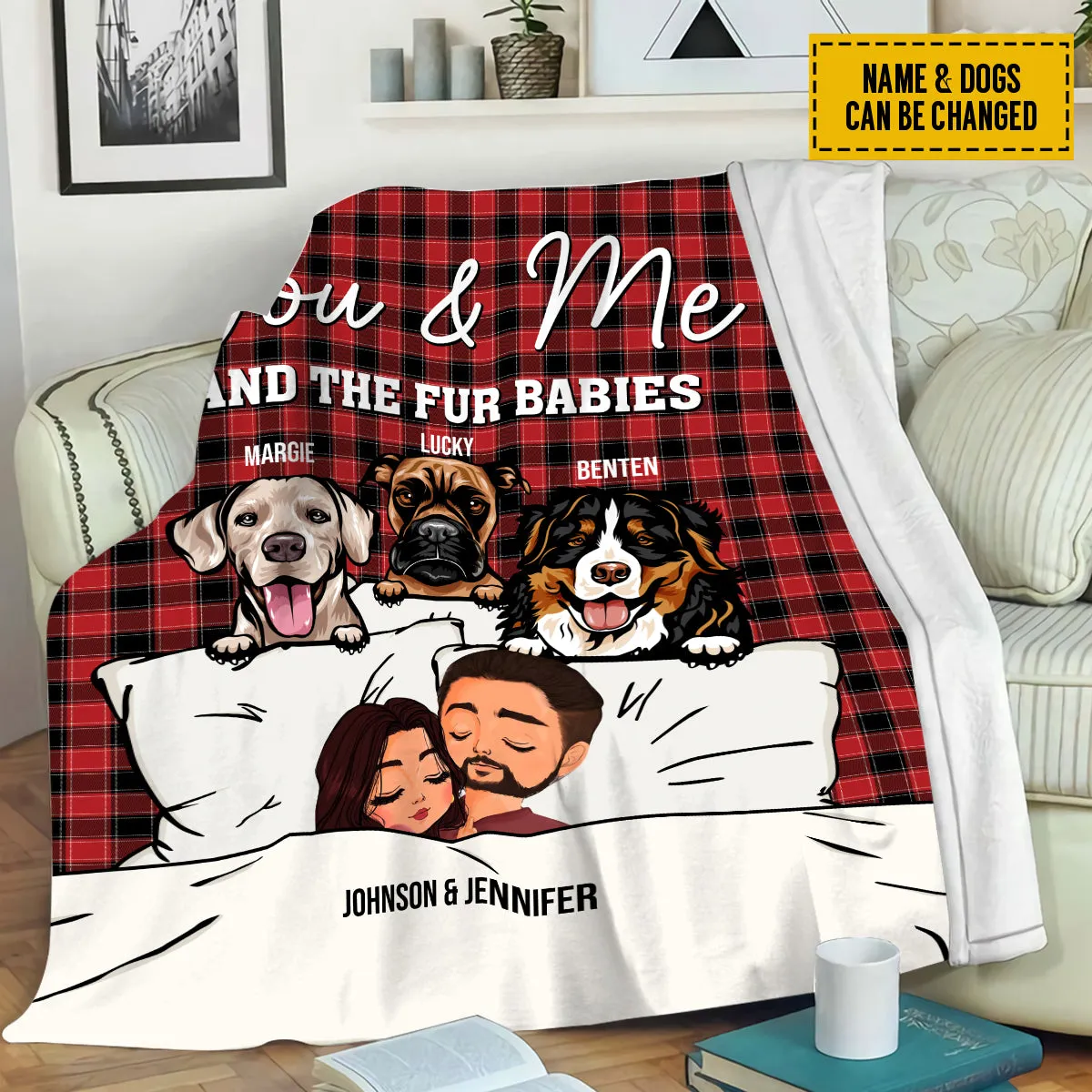 Teesdily | Dog Mom Dad Couple Customized Name Fleece Blanket Dogs Christmas Plaid Sherpa Blanket You Me And The Fur Babies Blanket Gift For Dog Owners