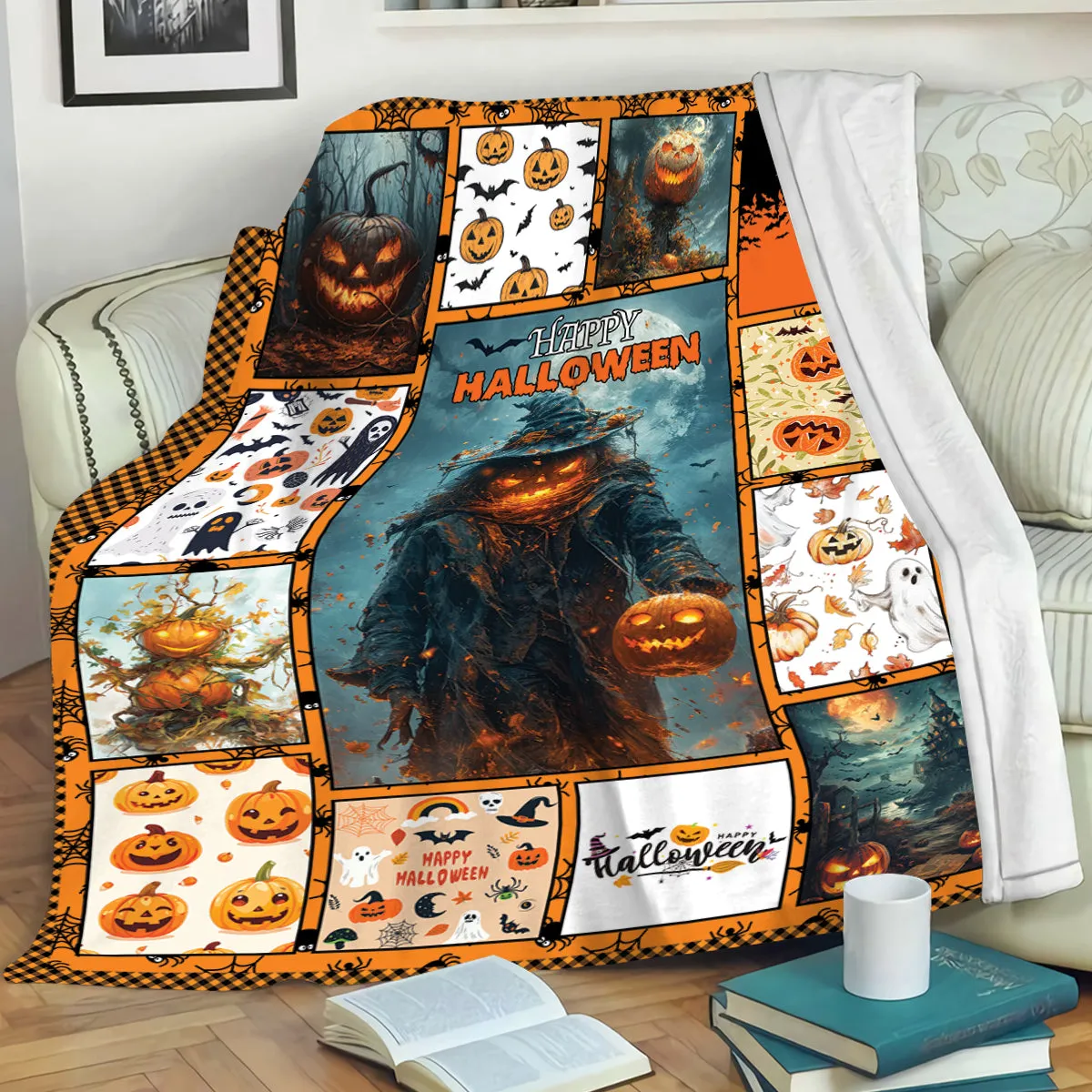 Teesdily | Halloween Pumpkin Blanket, Halloween Skeleton Pumpkin Throw Blanket, Happy Halloween Grim Reaper Sofa Blanket, Halloween Gift Family