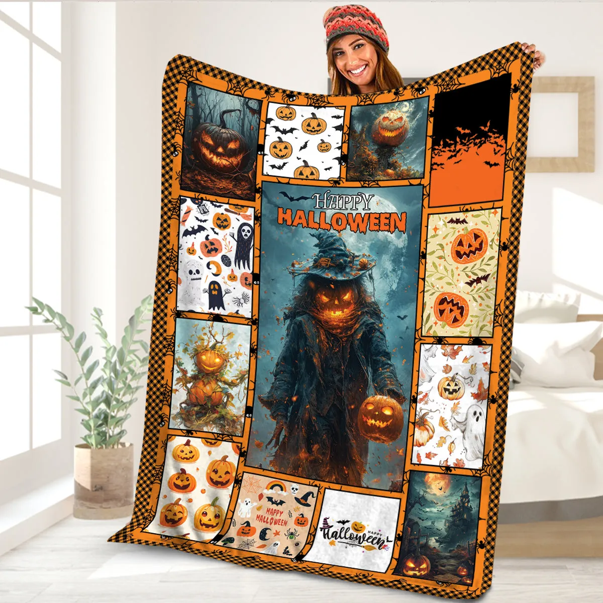 Teesdily | Halloween Pumpkin Blanket, Halloween Skeleton Pumpkin Throw Blanket, Happy Halloween Grim Reaper Sofa Blanket, Halloween Gift Family