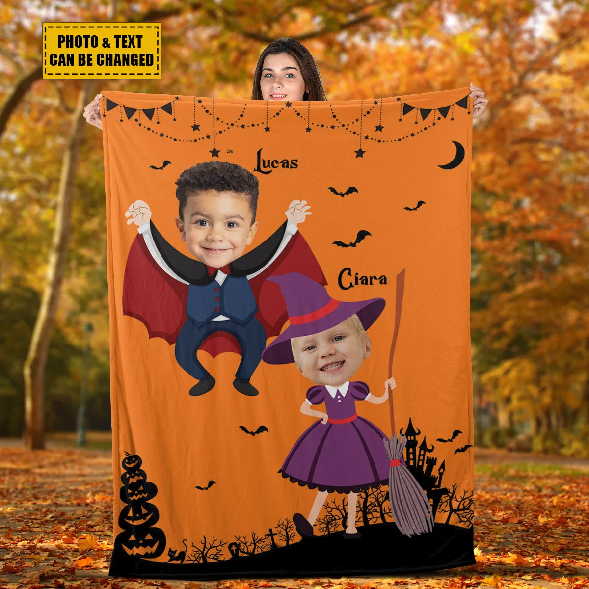 Teesdily | Kid Nursery Halloween Blanket With Face Cute Halloween Sherpa Fleece Blanket Customized Picture Halloween Gift Nursery Decoration