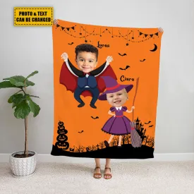 Teesdily | Kid Nursery Halloween Blanket With Face Cute Halloween Sherpa Fleece Blanket Customized Picture Halloween Gift Nursery Decoration