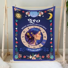 Teesdily | Leo Zodiac Sign Characteristics Customized Blanket Broad-Minder And Expansive Sherpa Fleece Horoscope Design Astrology Gift Birthday