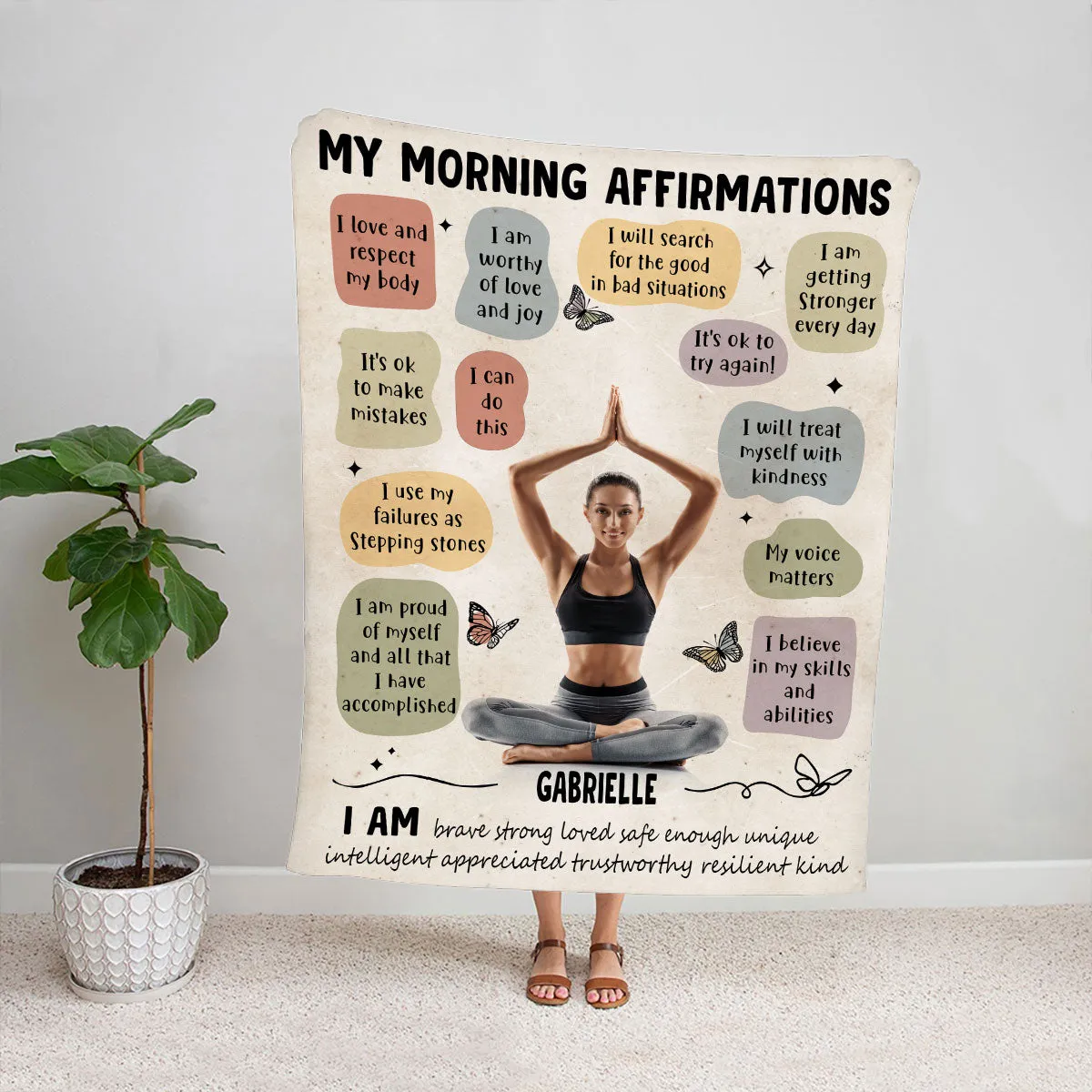 Teesdily | My Morning Affirmations Customized Fleece Blanket With Photo Yogis Inspiration Blanket Warm I Love And Respect My Body Yoga Day Gifts