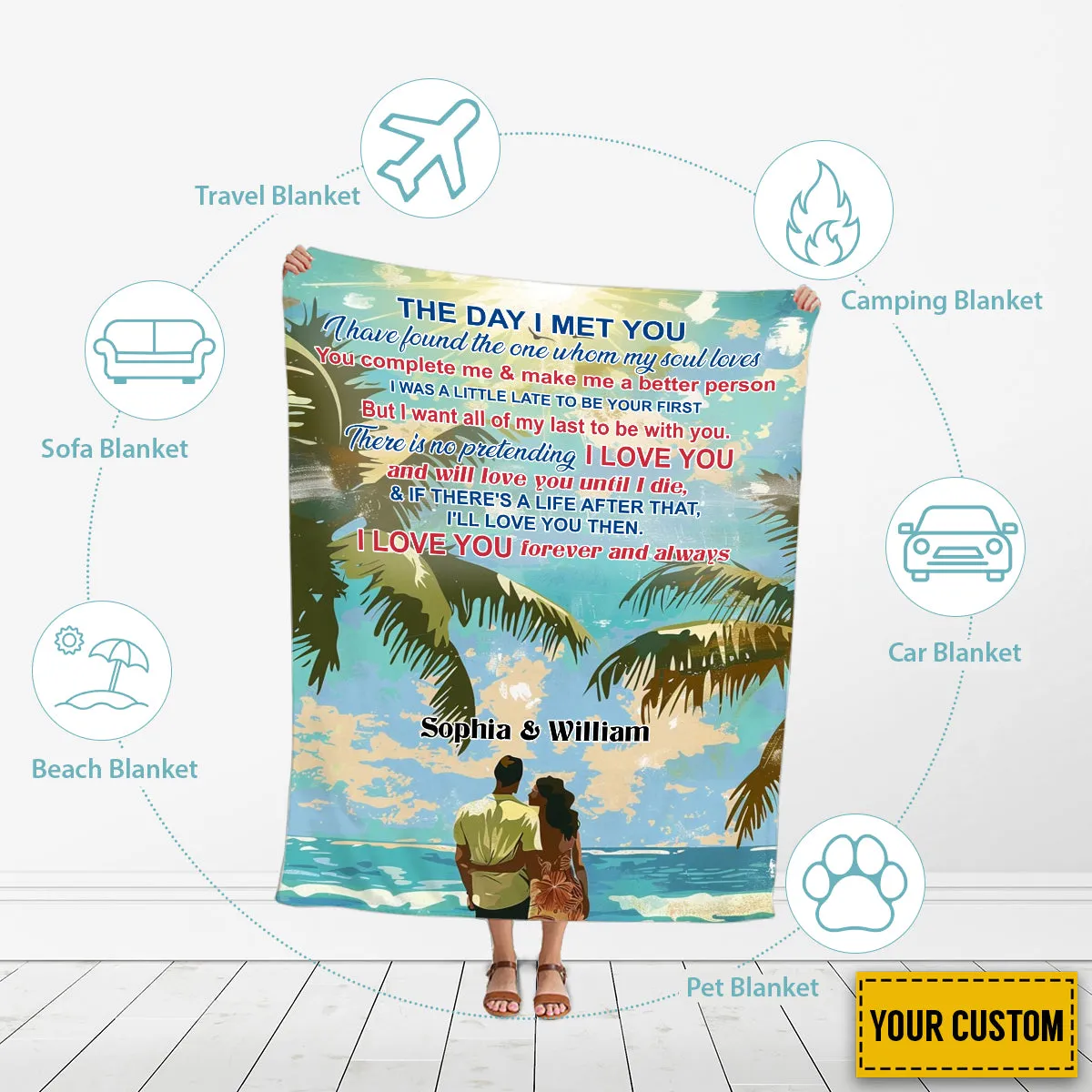 Teesdily | Personalized Beach Couple Cozy Blanket, The Day I Met You Throw Blanket, Perfect Valentine Day Travel Blanket, First Anniversary Gifts