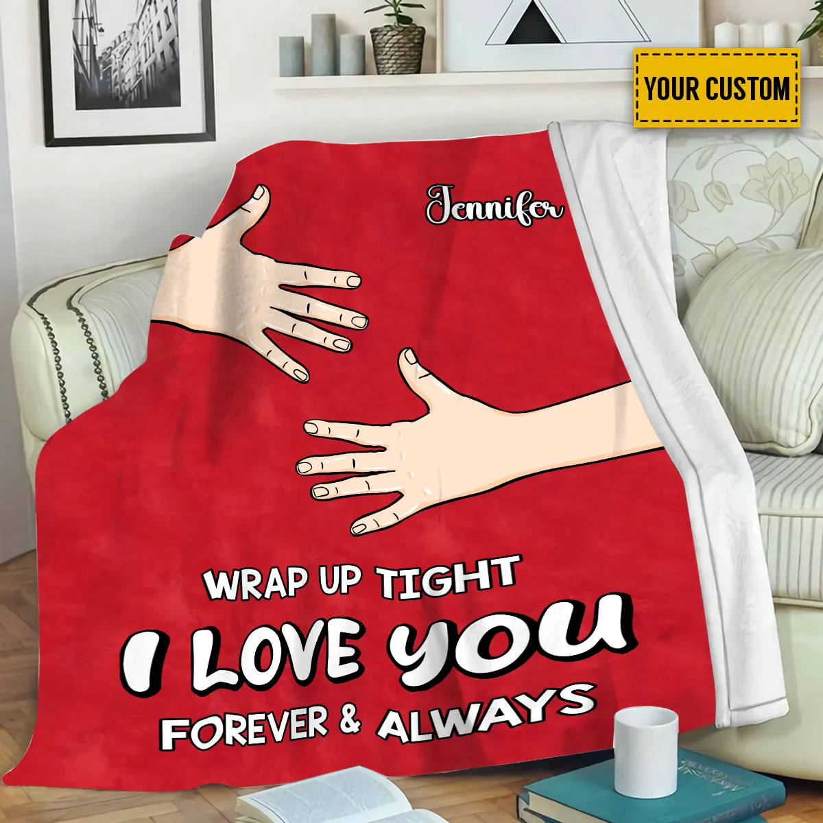 Teesdily | Personalized Hand Hugging Fleece Blanket, Wrap Up Tight I Love You Throw Blanket, Personalized Custom Warm Sofa Blanket, Gift For Lovers