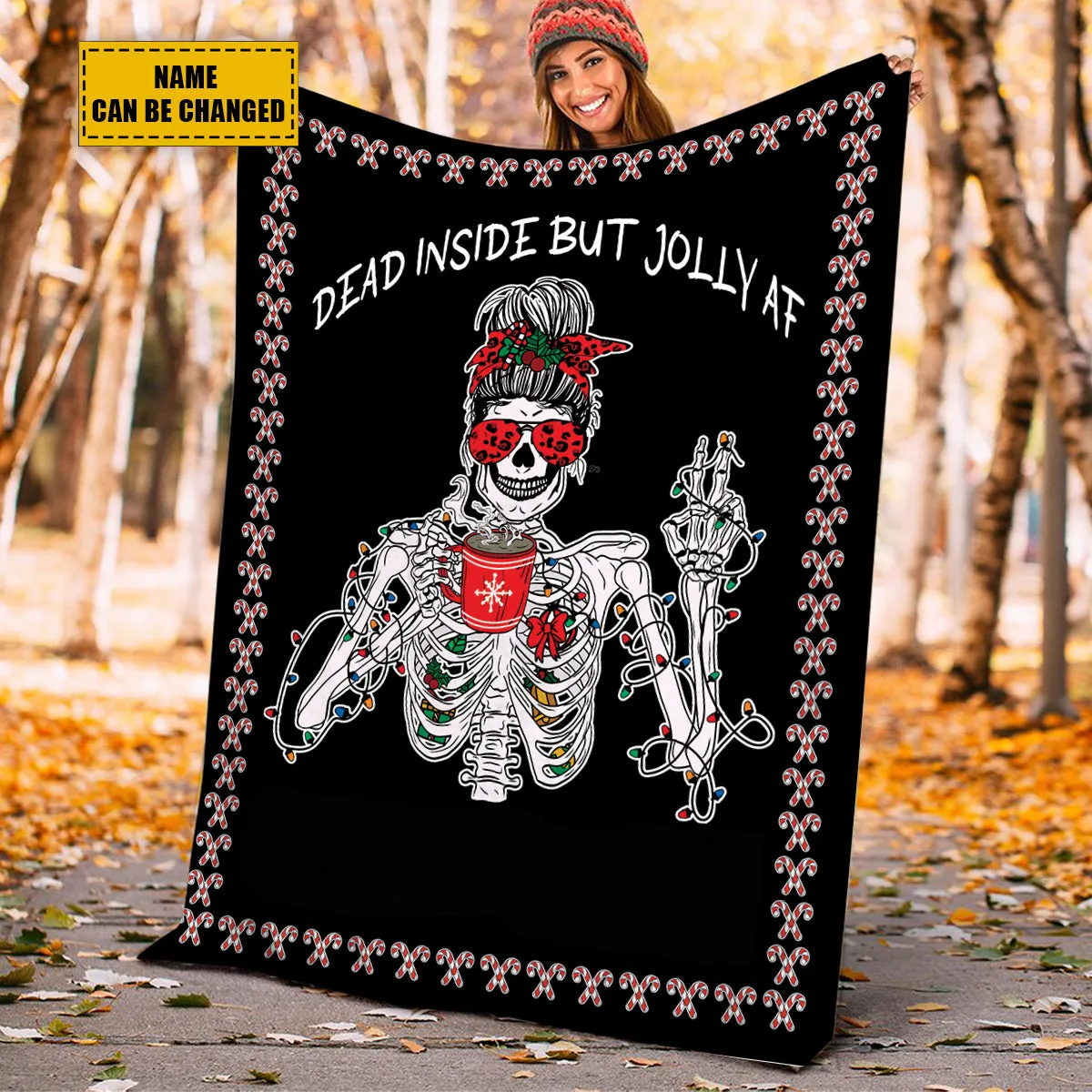 Teesdily | Personalized Skeleton Girl Xmas Blanket Dead Inside But Jolly Af Fleece Throw Blanket Funny Christmas Sherpa Blanket Funny Christmas Gifts