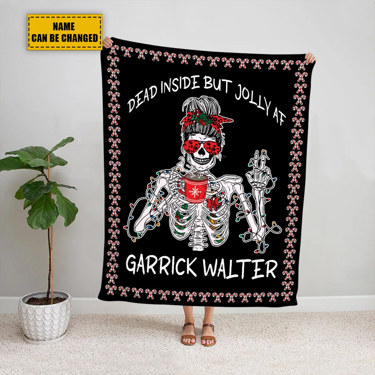 Teesdily | Personalized Skeleton Girl Xmas Blanket Dead Inside But Jolly Af Fleece Throw Blanket Funny Christmas Sherpa Blanket Funny Christmas Gifts