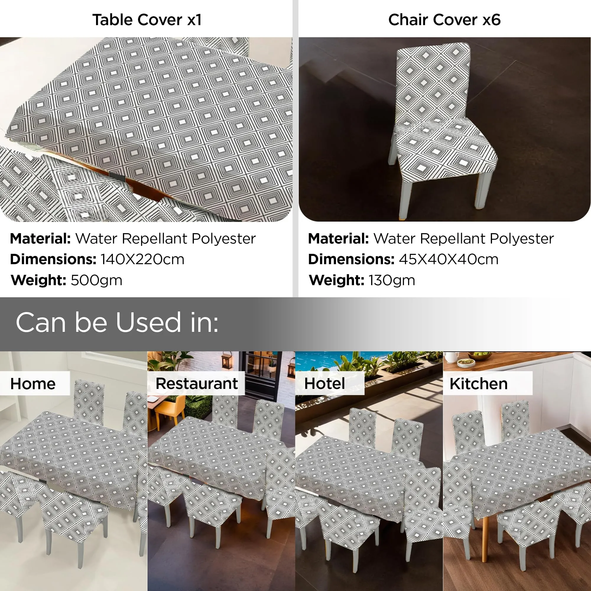 UMAI Dining Table Cloth | Dining Table Cover 6 Seater Cover Set | Water Proof Cloth Dust and Oil Repellent Washable | 6 Chairs 1 Table Cover| Kitchen White Square Design - Grey