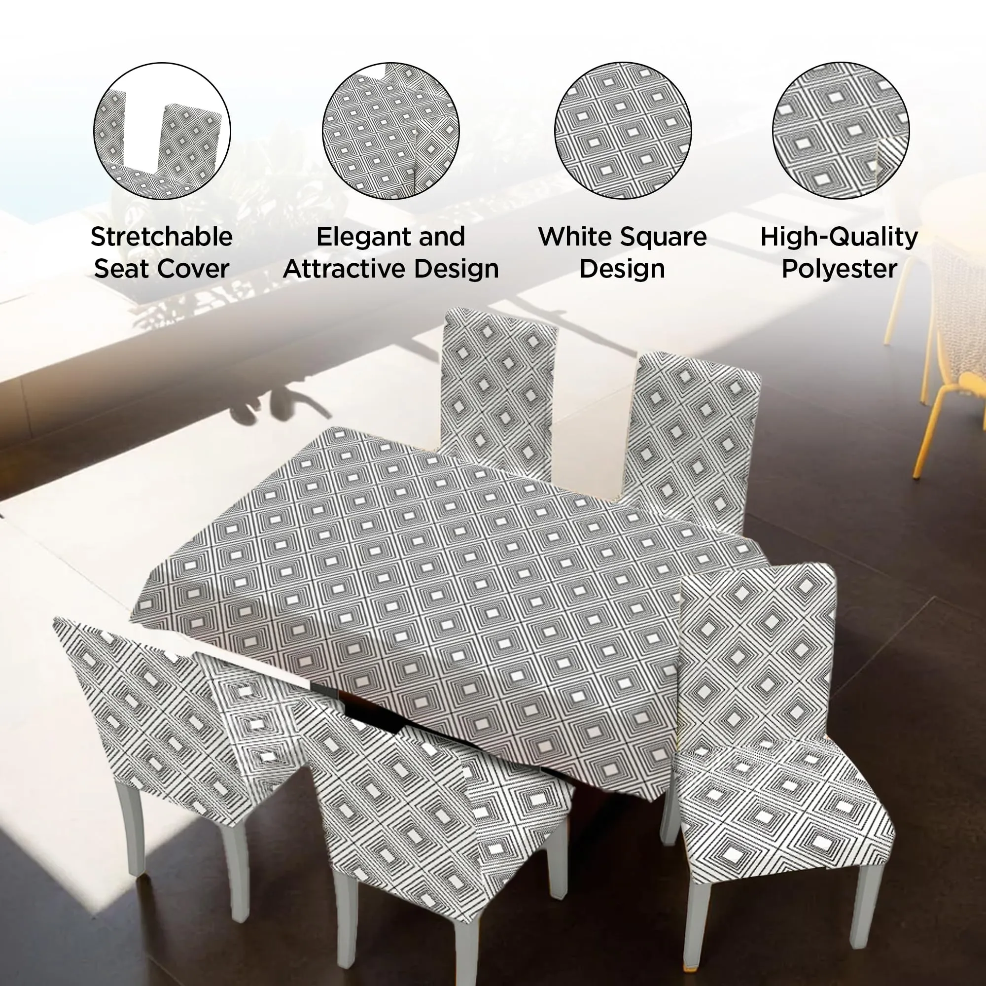 UMAI Dining Table Cloth | Dining Table Cover 6 Seater Cover Set | Water Proof Cloth Dust and Oil Repellent Washable | 6 Chairs 1 Table Cover| Kitchen White Square Design - Grey