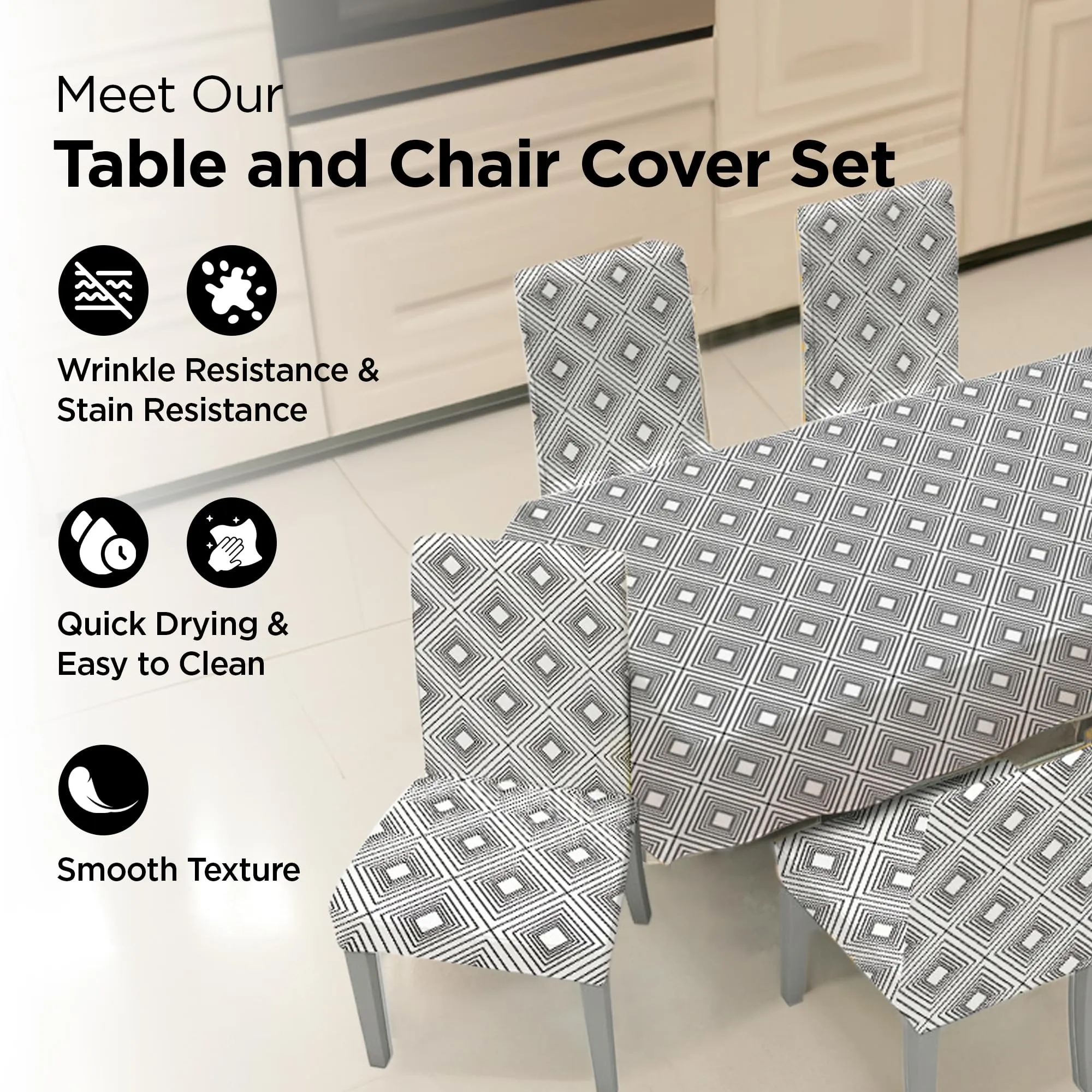 UMAI Dining Table Cloth | Dining Table Cover 6 Seater Cover Set | Water Proof Cloth Dust and Oil Repellent Washable | 6 Chairs 1 Table Cover| Kitchen White Square Design - Grey