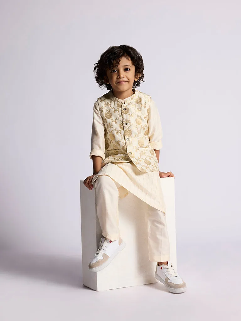 Utsa Kids Ivory Floral Design Jacket, Kurta and Pants Set - (2 -8yrs)