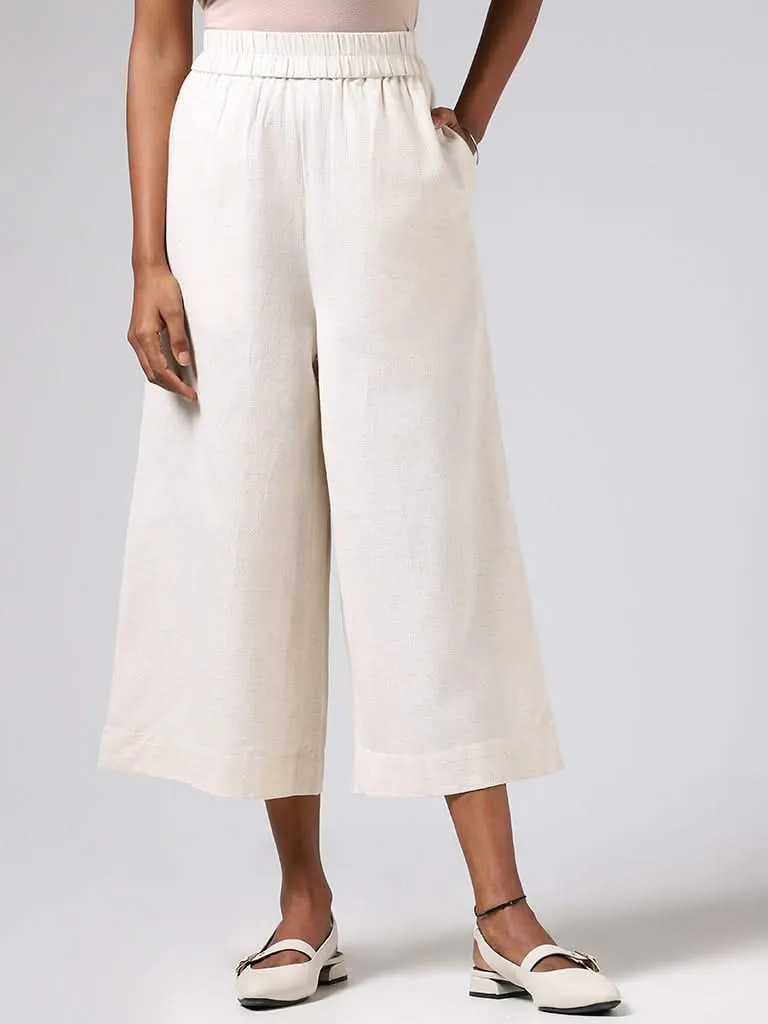 Utsa Solid Off White Cotton Blend Wide-Leg Pants