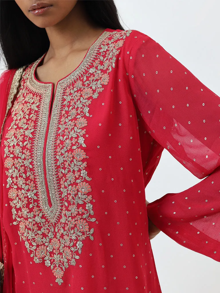 Vark Pink Embroidered A-Line Kurti, Pants and Dupatta Set